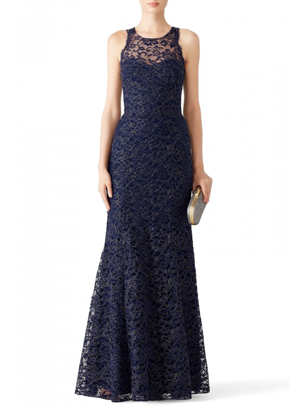 Navy Metallic Lace Gown