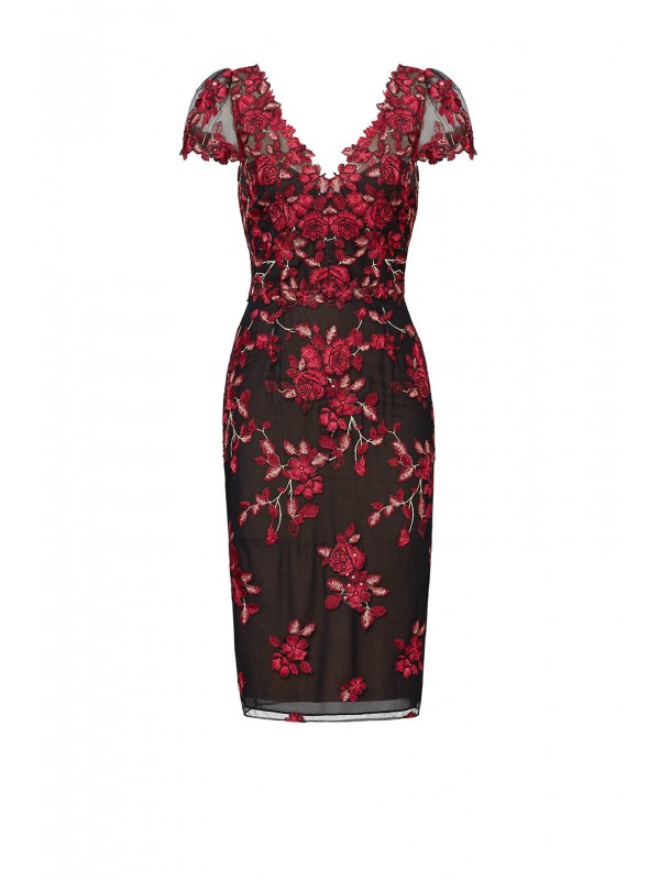 Red Floral Embroidered Sheath