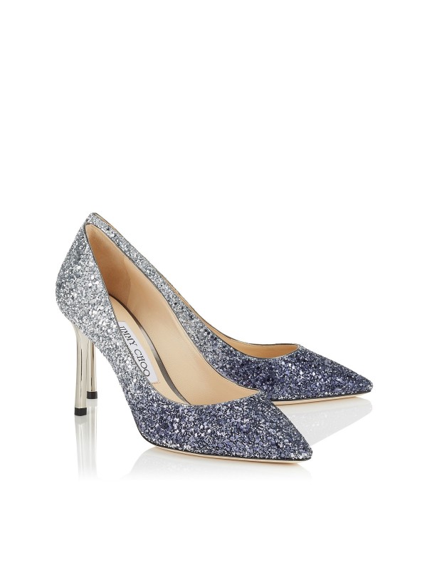 JIMMY ROMY  85 Navy and Silver Coarse Glitter Degrade Pointy Toe Pumps