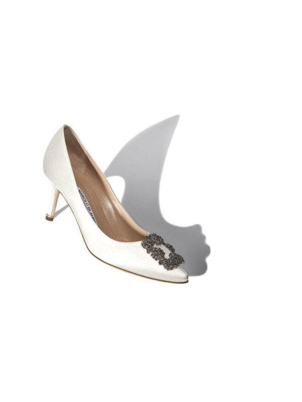 MANOLO HANGISI 70 Off-White Satin Jewel Buckled Pumps