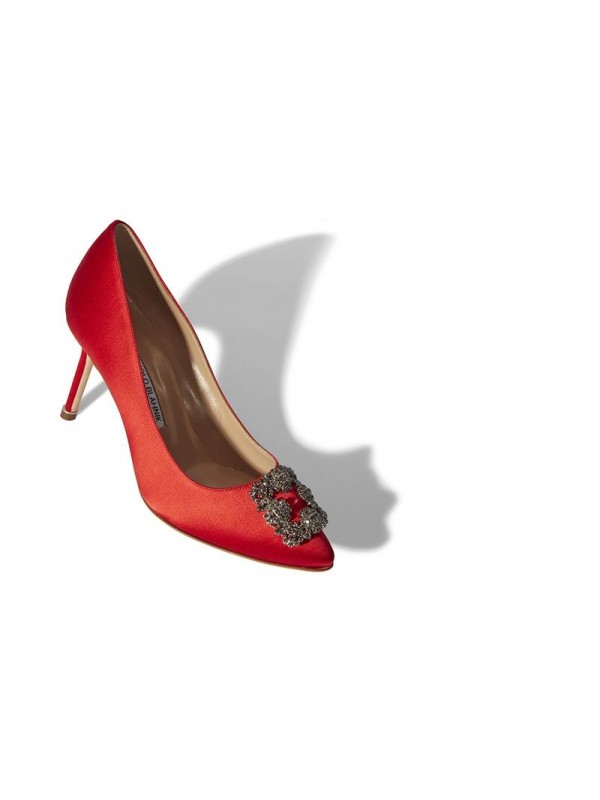 MANOLO HANGISI 70 Red Satin Jewel Buckled Pumps