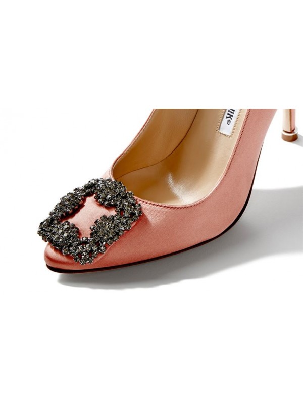 MANOLO HANGISI Coral Satin Jewel Buckled Pumps