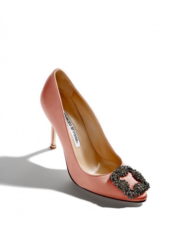 MANOLO HANGISI Coral Satin Jewel Buckled Pumps