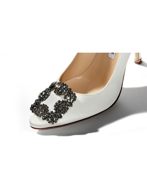 MANOLO HANGISI Off-White Satin Jewel Buckled Pumps