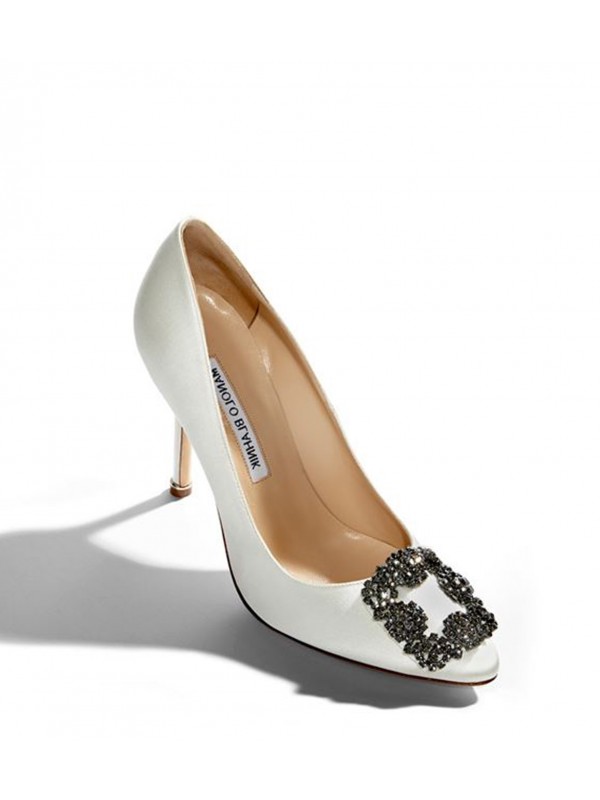 MANOLO HANGISI Off-White Satin Jewel Buckled Pumps